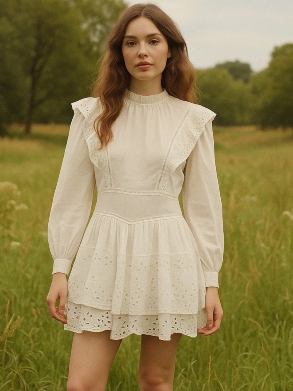 AllSaints White Aislyn Broiderie Eyelet Ruffles Mini Tiered Dress Sz 8